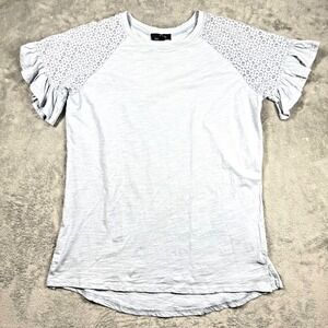 Susan Betro Crochet Ruffle Short Sleeve Top Women's L Blue Boho 100% Cotton